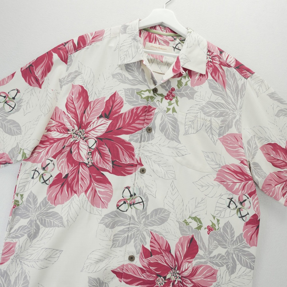 Tommy Bahama Mens L Silk Happy Holiday Shirt Pink Poinsettia Surfing Santa Cream